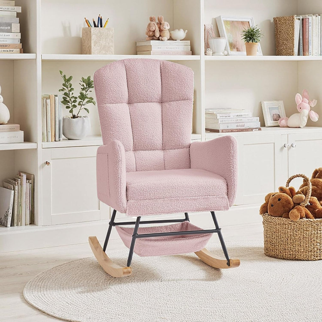 Teddy Upholstered Rocking Chair,Indoor Glider Chair with High Backrest and Side Pockets, Accent Arm Chair with Storage Bag for Living Room. (Pink)