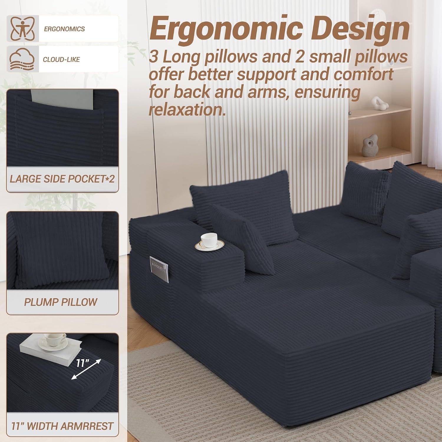 105'' Modular L-Shaped Boneless Sectional, Corduroy Deep Seat Cloud Sectional Couch, Small Space Sofa for Apartment Living Room Bedroom, No Assembly, Black