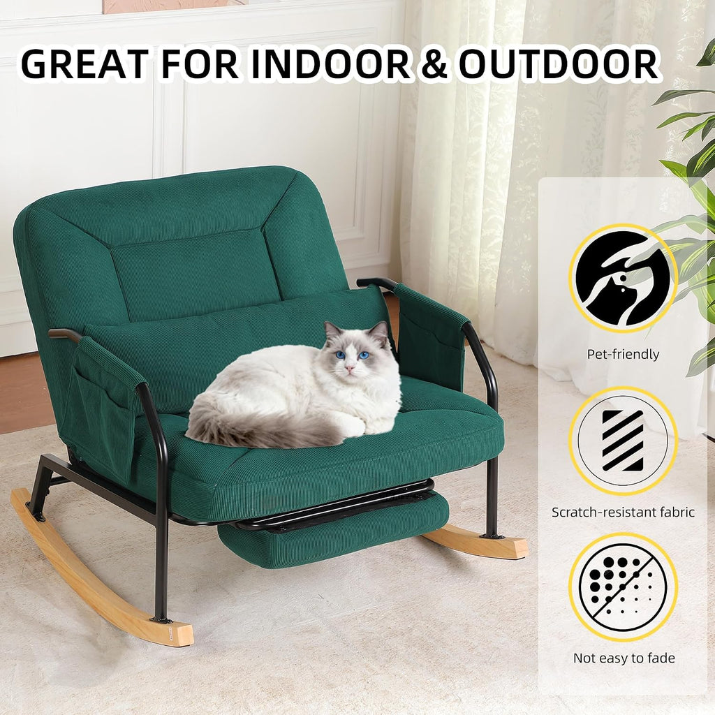 Oversized Rocking Chair, Extra-Wide Glider Patio Rocker Chairs with Foot Rest, Padded Cushion, Adjustable Backrest, Mental Wooden Farm, Indoor/Outdoor Living Room Bedroom Balcony Porch, Green