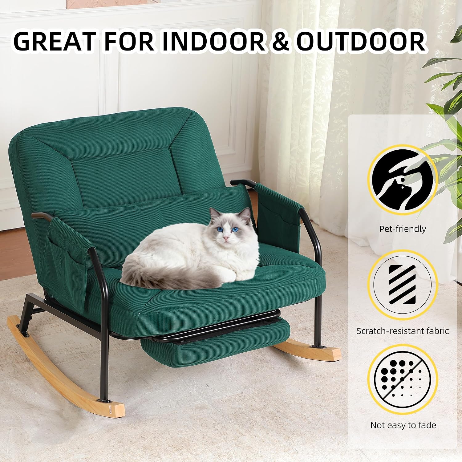 Oversized Rocking Chair, Extra-Wide Glider Patio Rocker Chairs with Foot Rest, Padded Cushion, Adjustable Backrest, Mental Wooden Farm, Indoor/Outdoor Living Room Bedroom Balcony Porch, Green