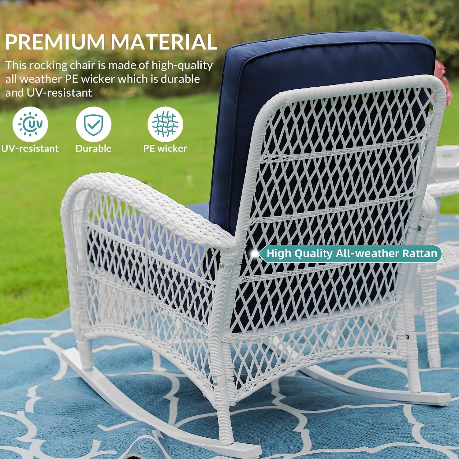 MEETWARM 3 Pieces Patio Conversation Set, Rattan Outdoor Rocking Patio Bistro Set with 2 Rockers and 1 Side Table with 4' Thick Cushions, Outdoor Furniture Set for Porch Backyard, White Wicker/Navy