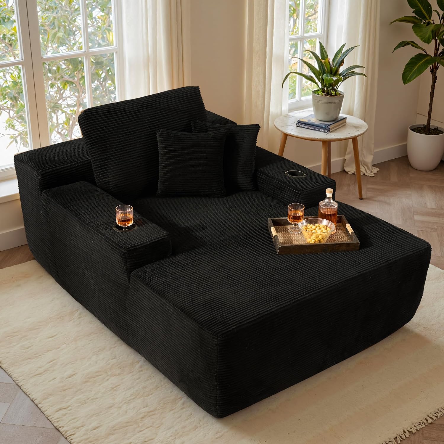 ovios 67'' Chaise Lounge Chair Indoor, Oversized Upholstered Boneless Sofa Bed with Cup Holders, Deep Seat Sleeper Couch, Plush Cloud Sofas Couches for Living Room (Corduroy, Black)