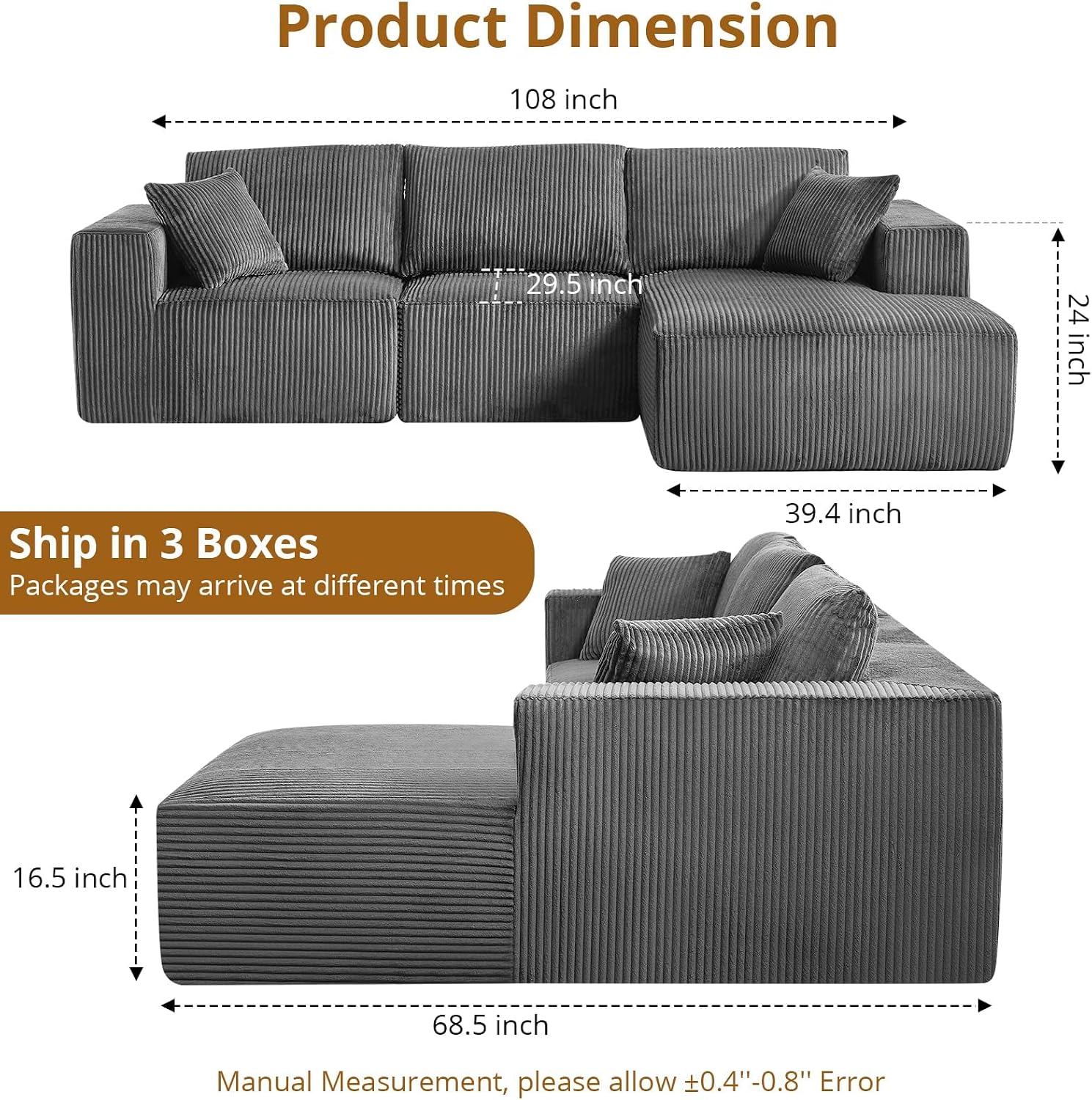 Garvee Boneless Cloud Couch 108' Sectional Modern Comfy l-Shape Convertible Compression Sleeper Modular Sofa with Corduroy Fabric Deep Seat Loveseat + Chaise for Living Room No Assembly Required