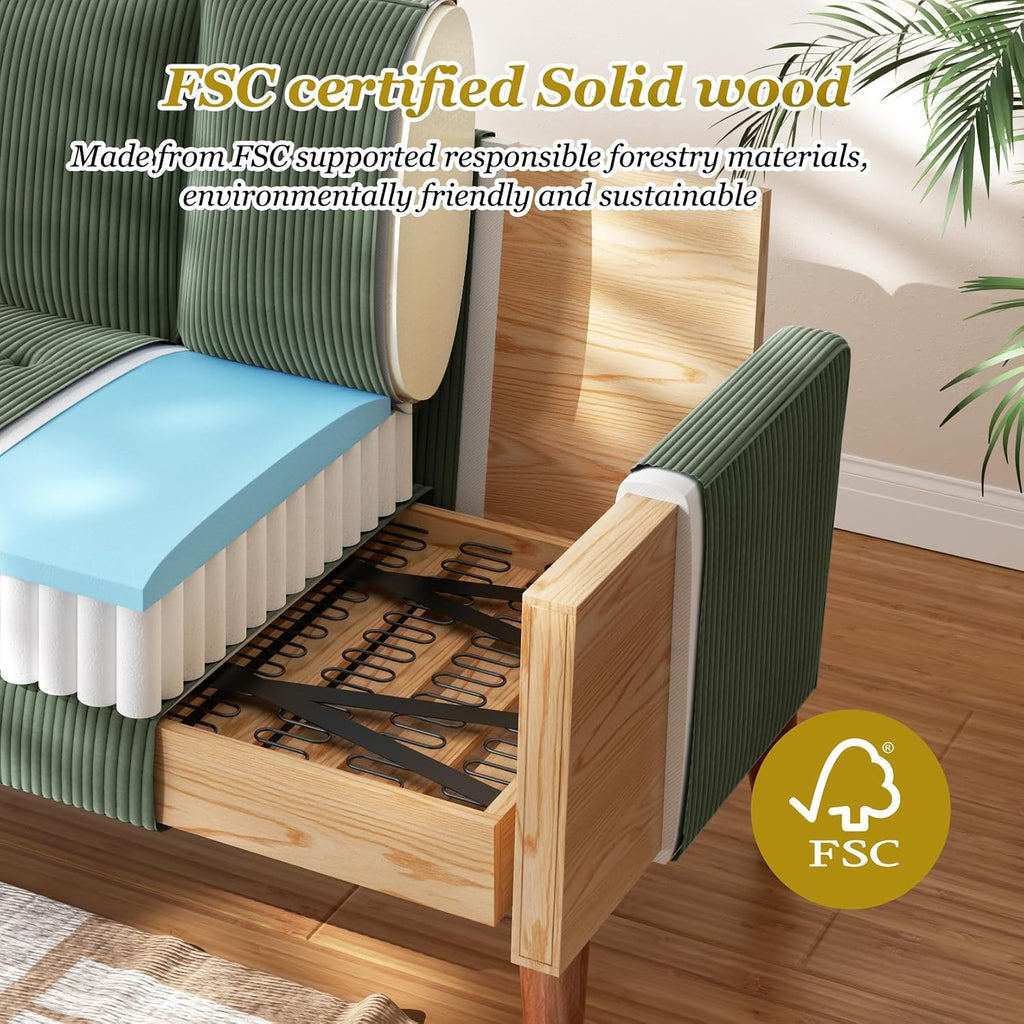 Vesgantti Loveseat Sofa with Solid Wood Legs,48' Small Corduroy Couches for Small Spaces, Mid Century Modern Love Seat for Living Room, Bedroom, Easy Assembly with Throw Pillow, Green