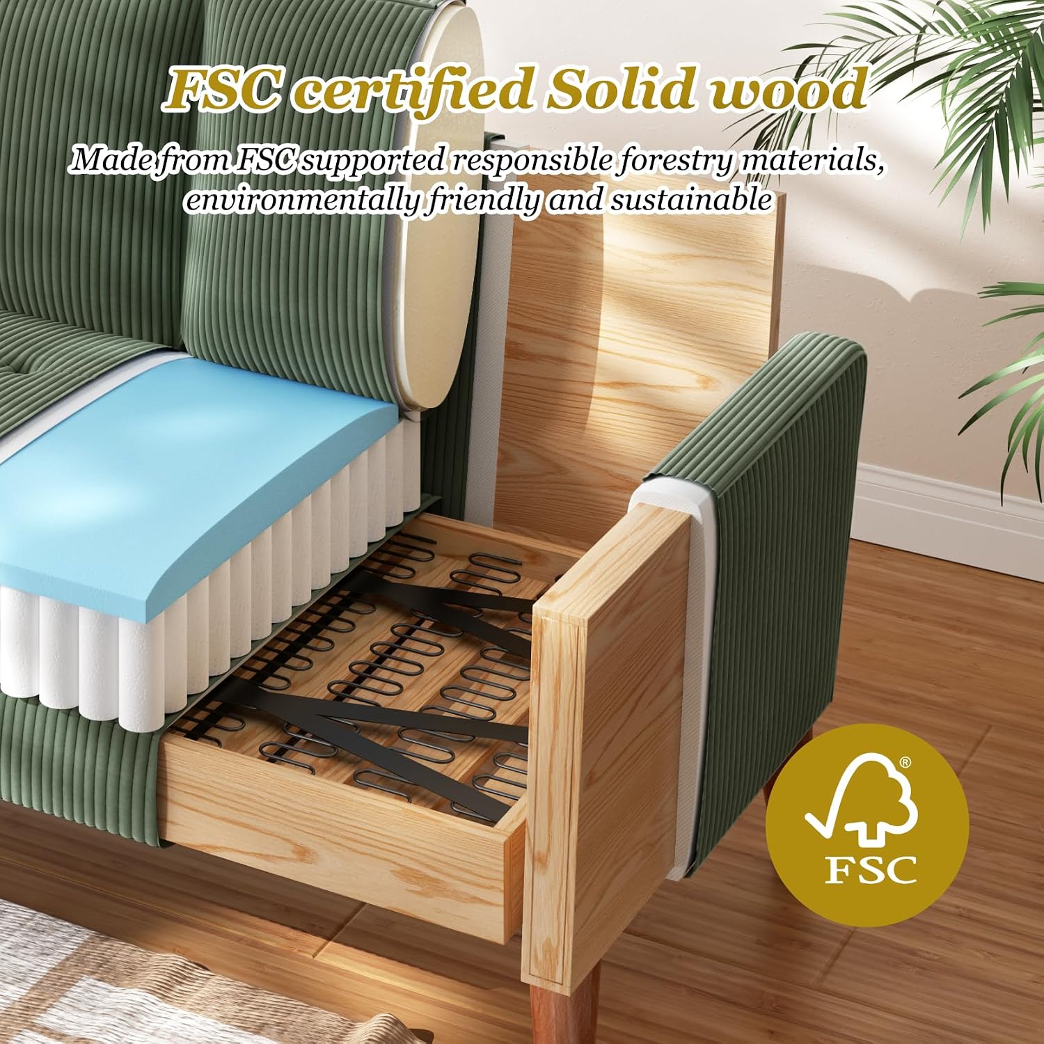 Vesgantti Loveseat Sofa with Solid Wood Legs,48' Small Corduroy Couches for Small Spaces, Mid Century Modern Love Seat for Living Room, Bedroom, Easy Assembly with Throw Pillow, Green