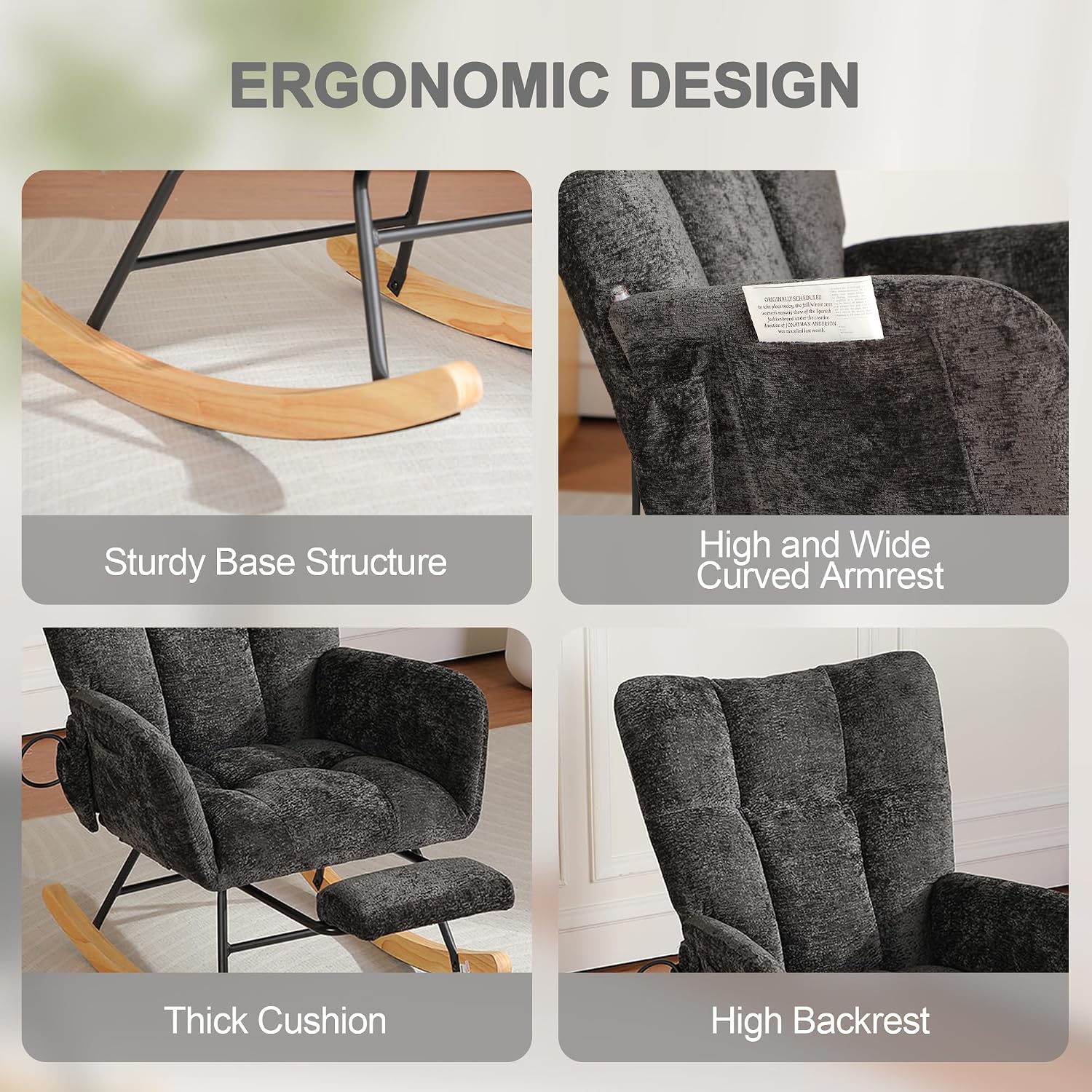 Rocking Chair Nursery with Airbag, Comfy Modern Nursery Rocking Reading Chair Indoor with Footrest, Cozy Upholstered Glider Rocker Chairs for Living Room Bedroom Offices(Chenille, Black)
