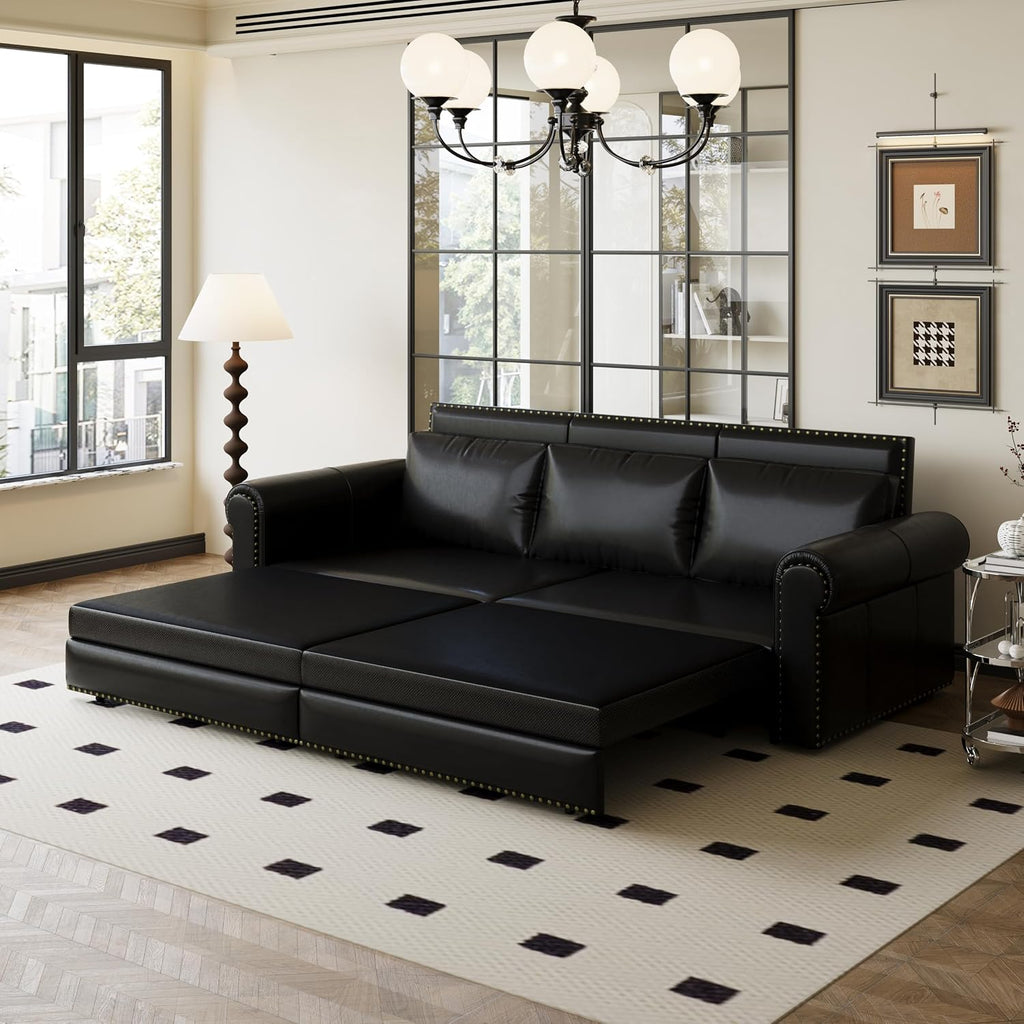 Eafurn 93.7' King Size Pull Out Sofa Bed, 3-in-1 Convertible Sleeper Sofa Couch Bed with Nailhead Decor and Rolled Arms, Faux Leather Oversized Chesterfield Loveseat Chaise Lounge