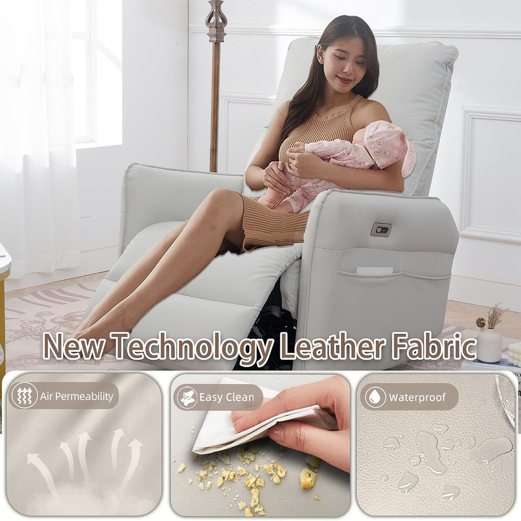 Power Swivel Rocker Recliner Chair for Nursery, Upholstered 270° Swivel Glider Rocker Chair with USB Ports, Small Power Recliners for Small Spaces Living Room (Light Grey)
