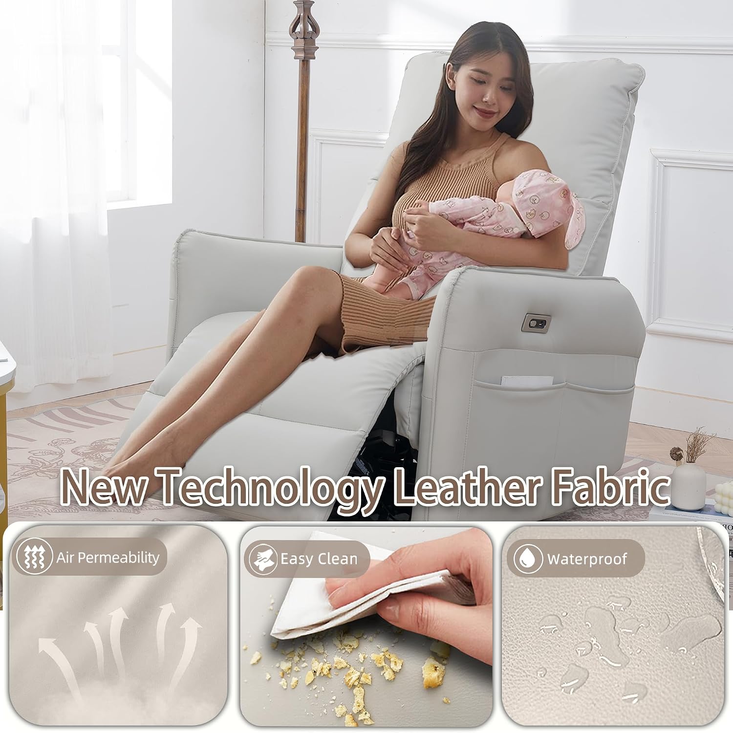 Power Swivel Rocker Recliner Chair for Nursery, Upholstered 270° Swivel Glider Rocker Chair with USB Ports, Small Power Recliners for Small Spaces Living Room (Light Grey)