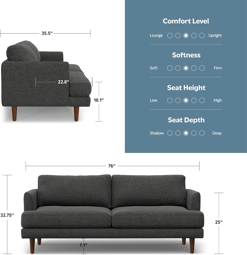 SIMPLIHOME Livingston 76' Wide x 33' High Sofa in Charcoal Grey Woven-Blend Fabric, Handcrafted Loveseat Couch for Living Room or Family Room, Mid-Century Modern Style, Solid Wood Frame
