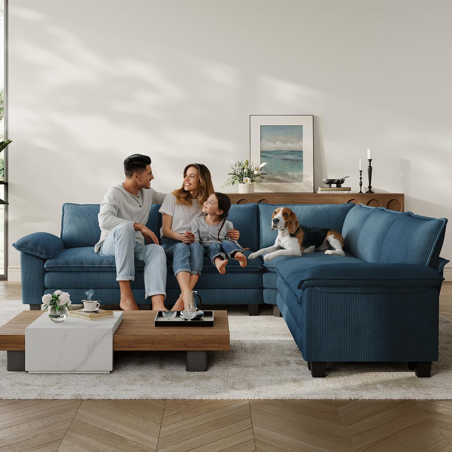 LINSY HOME Modular Sectional Sofa, 5-Seat Corduroy Modern Cloud Couch with Deep Seat, Perfect for Living Room, Office, Bedroom, Blue