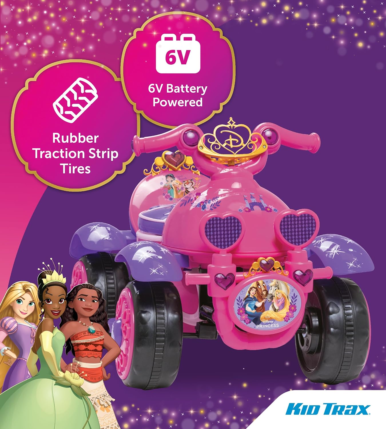 Kid Trax Toddler Disney Princess Electric Quad Ride On Toy, Kids 1.5-3 Years Old, 6 Volt Battery and Charger Included, Max Weight 45 lbs, Princess Pink