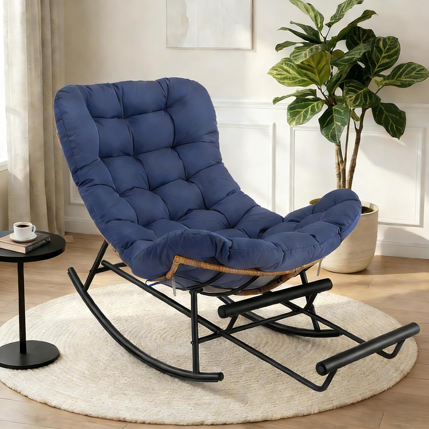 Indoor Papasan Rocking Chair, Rattan Rocker with Extendable Footrest & Detachable Polyester Cushion, 450lbs Sturdy Large Reading Lounge for Indoor Bedroom Living Room, Royal Blue
