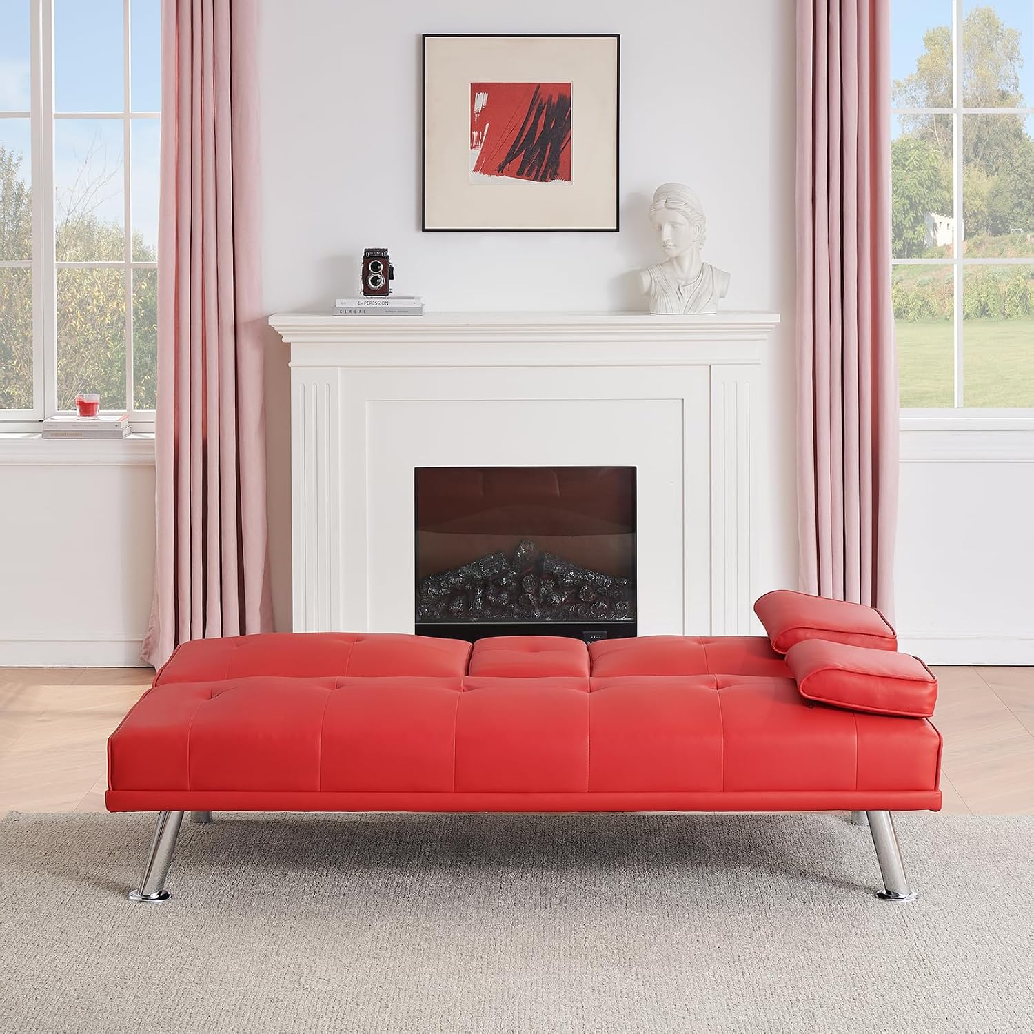 70' Futon Sofa Bed,Multifunctional Convertible Folding Futon Sofa Bed with Coffee Table, 3 Adjustable Reclining Sleeper Sofa, Small Leather Couch for Living Room/Bedroom Small Spaces (Red)