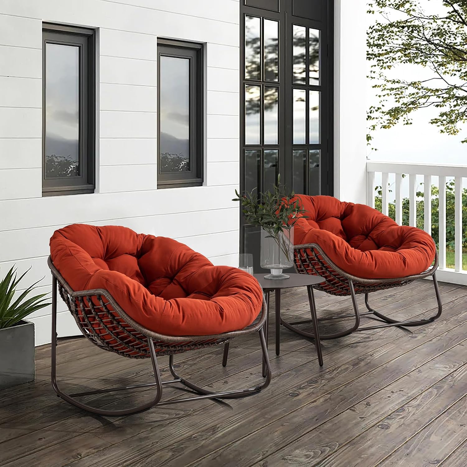 Deolme Large Papasan Rocking Chair with Cushion, Oversized Comfy Reading Chair Lounging Indoor Outdoor Rocker for Front Porch Backyard Bedroom Living Room Egg Chair Rattan (Orange)