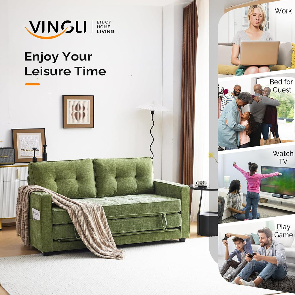 VINGLI Sofa Bed Full Size Pull Out Couch Bed Olive Green Futon Couch 64' W 84' L Loveseat Sleeper Floor Couches for Living Room Convertible Loveseat Sofa Foldable Sofa Bed