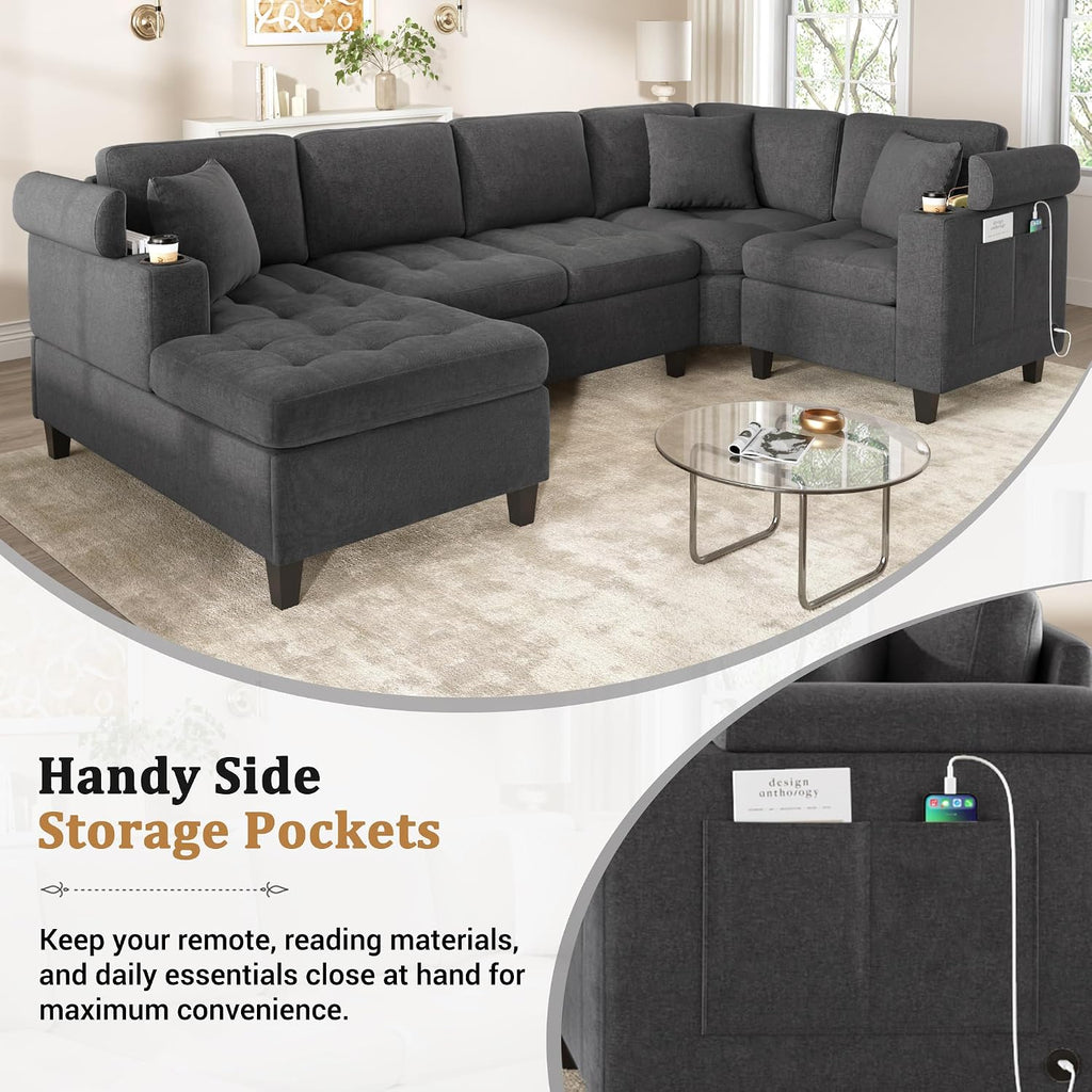 Eafurn Oversized U Shaped Sectional Sofa Tufted Couch w/Left Chaise, 6-Seater Chenille Convertible Corner Couches w/Cup Holders, Storage Armrest and USB Ports