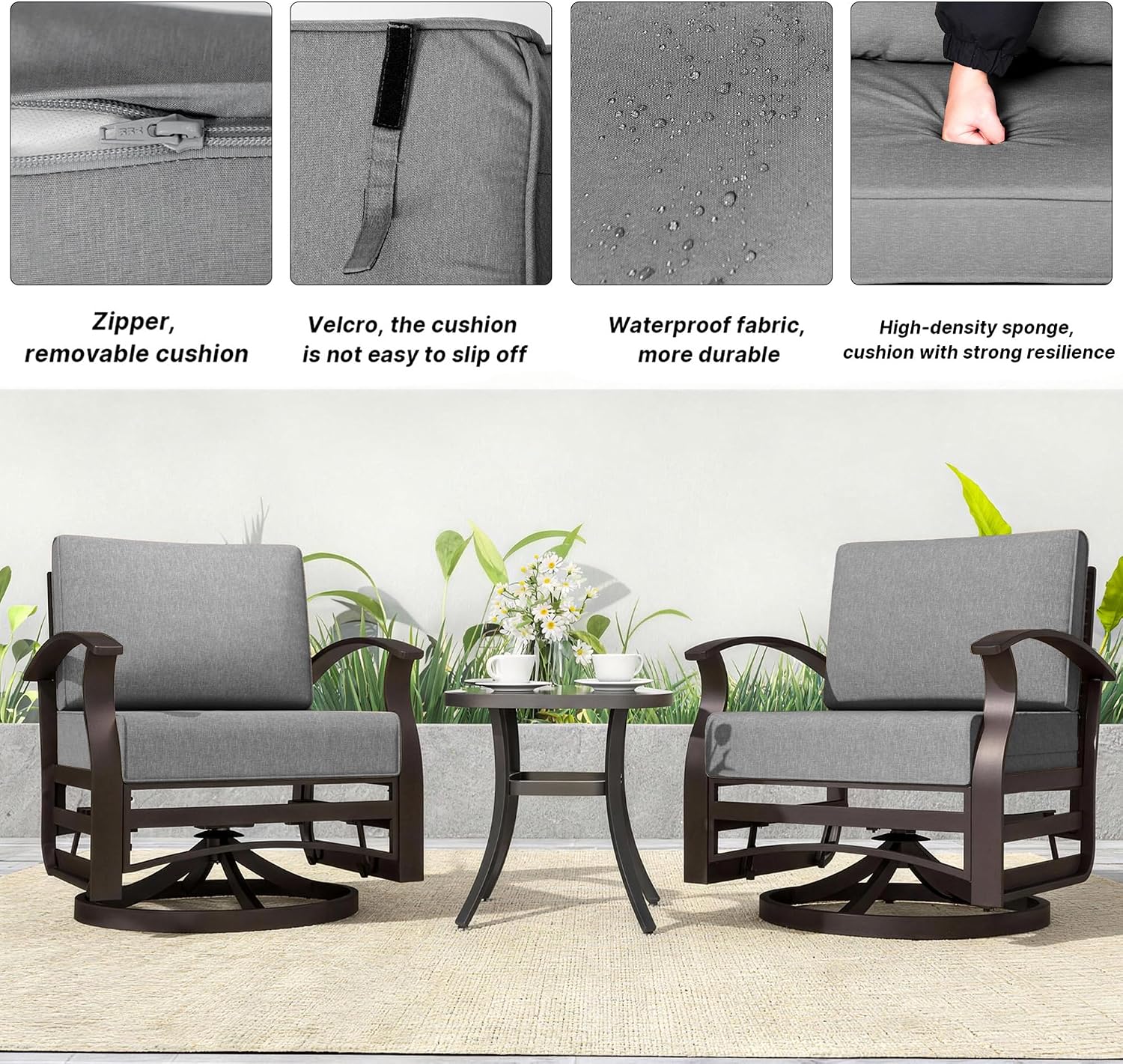 Kurapika 5 Pieces Patio Furniture Set, Outdoor Aluminum Rocking Chair, Patio Bistro Set Swivel Gliders Rocker with Thickened Cushions and Side Table(Grey)