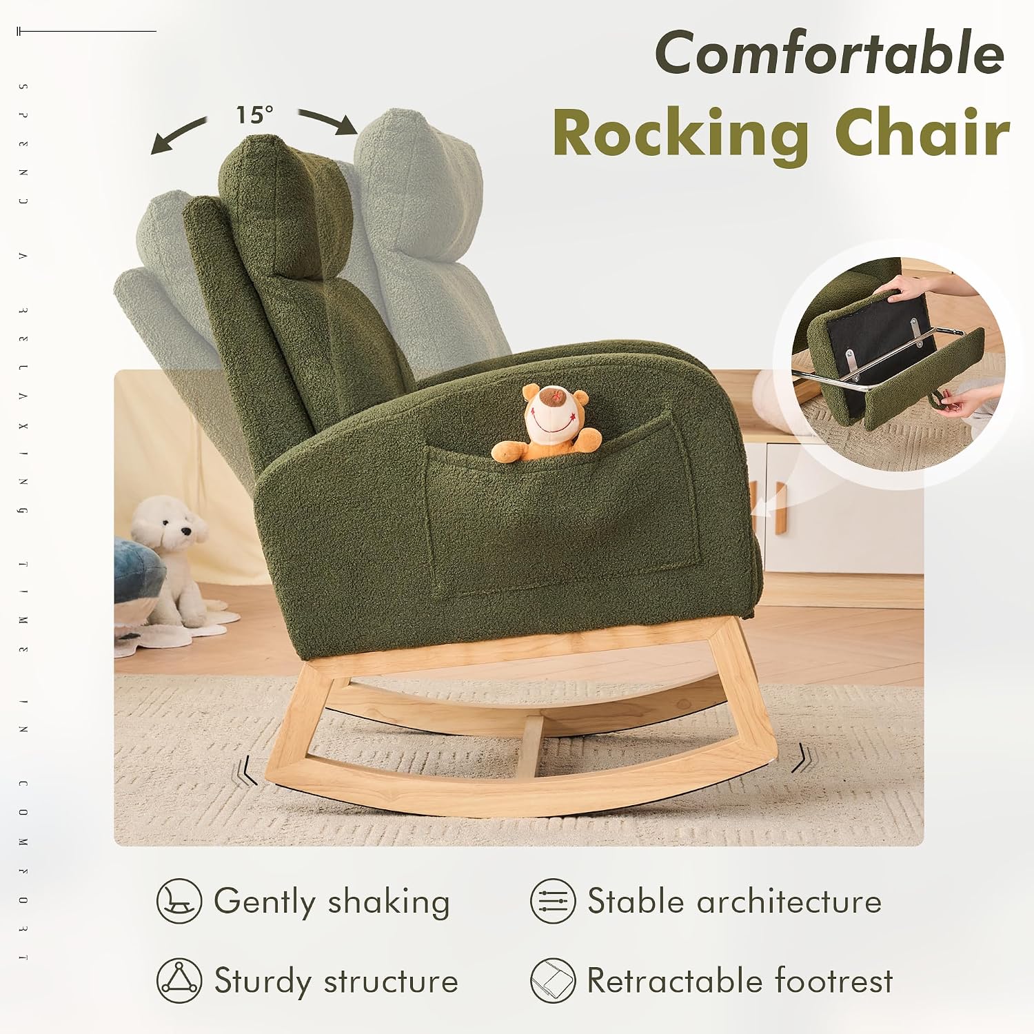 FOXHUNTER Rocking Chair for Nursery with High Backrest & Foot Rest-Nursery Rocking Chairs with Side Storage Pocket for Breastfeeding,Modern Glider Chair for Baby Bedroom,Living Room,Teddy Green