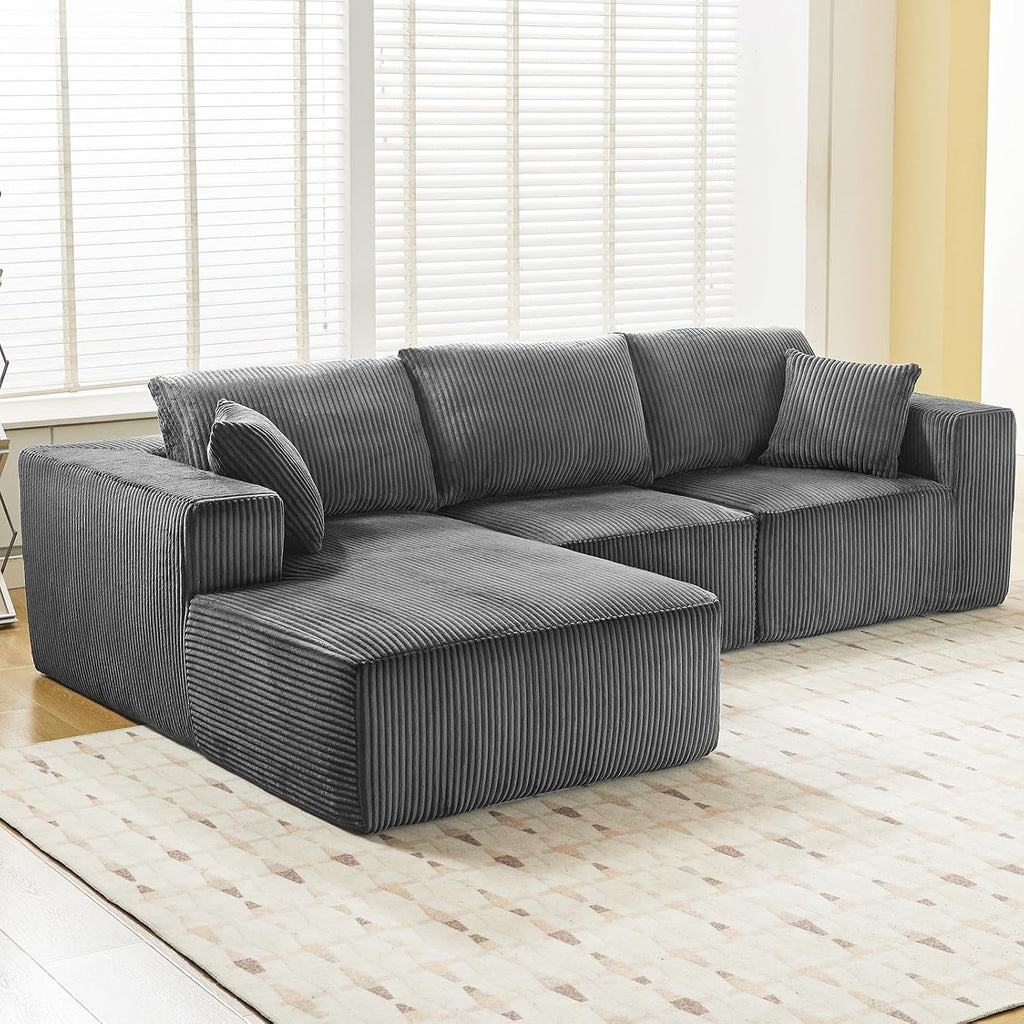 Garvee Boneless Cloud Couch 108' Sectional Modern Comfy l-Shape Convertible Compression Sleeper Modular Sofa with Corduroy Fabric Deep Seat Loveseat + Chaise for Living Room No Assembly Required