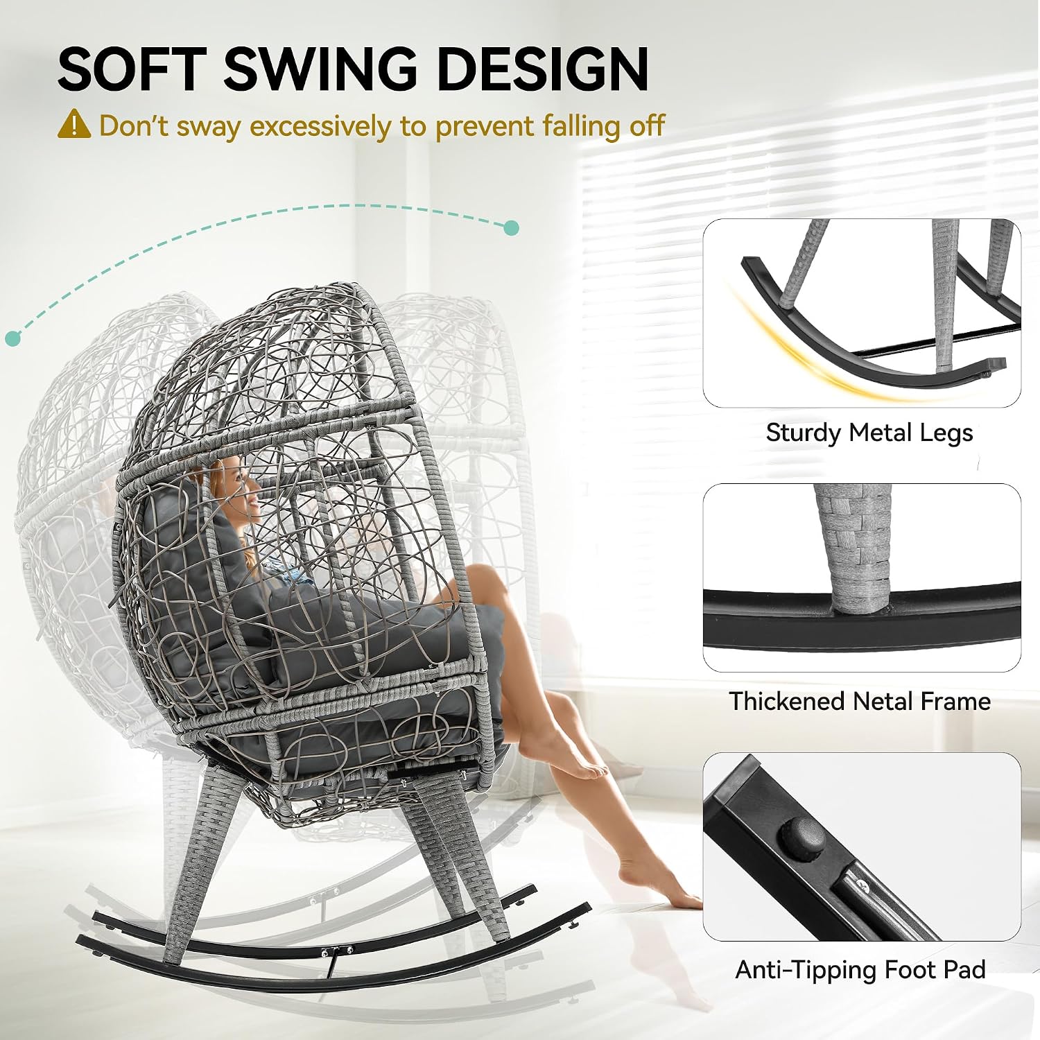 YITAHOME Wicker Rocking Egg Chair, Outdoor Patio Rocking Chair with 5.9in Thick Cushion, 250lb Capacity, Anti-Slip, All-Weather Resilient Egg Lounger Chair for Indoor & Outdoor, Grey(1 Pack only)