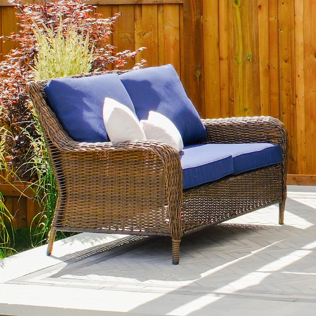 Cambridge Outdoor Wicker Loveseat Sofa: All-Weather HDPE Rattan Resin Furniture Patio Couch w/CushionGuard, Midnight Navy Blue