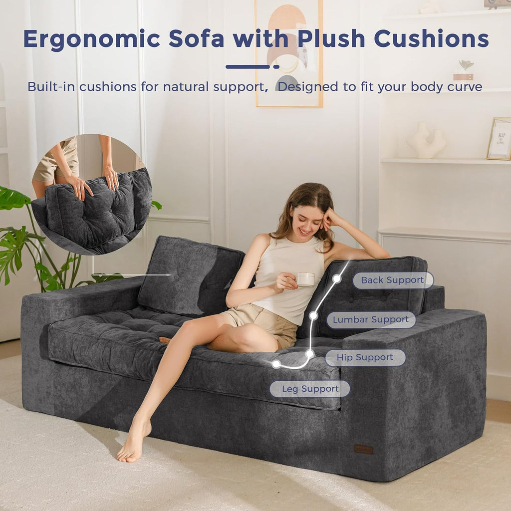 MAXYOYO 3-Seater Boneless Sofa Couch, Tufted Sofa Lounge for Living Room, Comfy Bean Bag Chair High-Density Foam Couch with Pillows, No Assembly Required