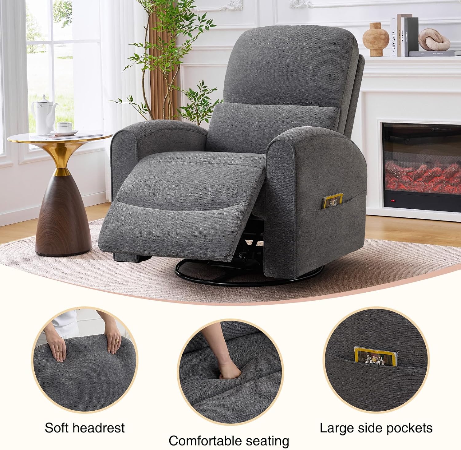 Swivel Rocker Recliner, Manual Swivel Glider Recliner Chair with Adjustable Headrest and Lumbar Support, Upholstered Rocking Recling Chairs for Adults Nursery, Living Room, Bedroom, Dark Grey