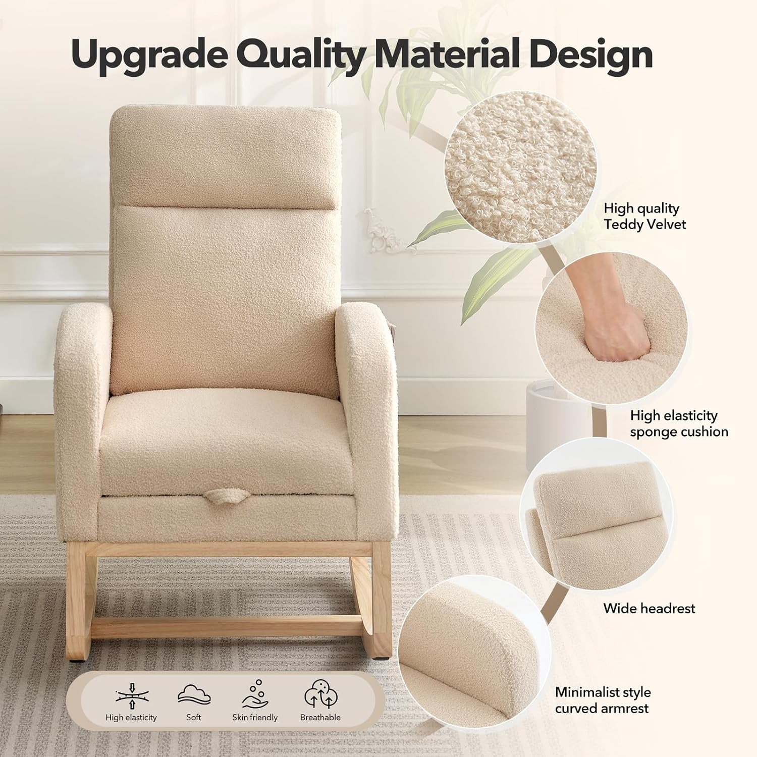 Modern Nursery Rocking Chair, Teddy Upholstered Rocking Chair with Footrest, Comfortable Rocker Recliner with Side Pocket, Rocker Glider for Living Room, Bedroom, Nursing Room