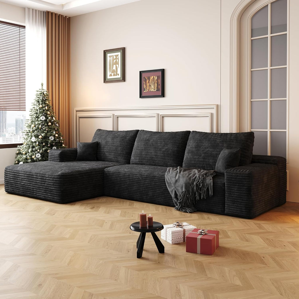 Ball & Cast 107' Cloud Sectional Couch with L-Shape Chaise,Plush Corduroy Boneless Modular Sofa with Deep Seat,Upholstered Couches for Living Room Bedroom,No Assembly Required,Black(Left Facing)