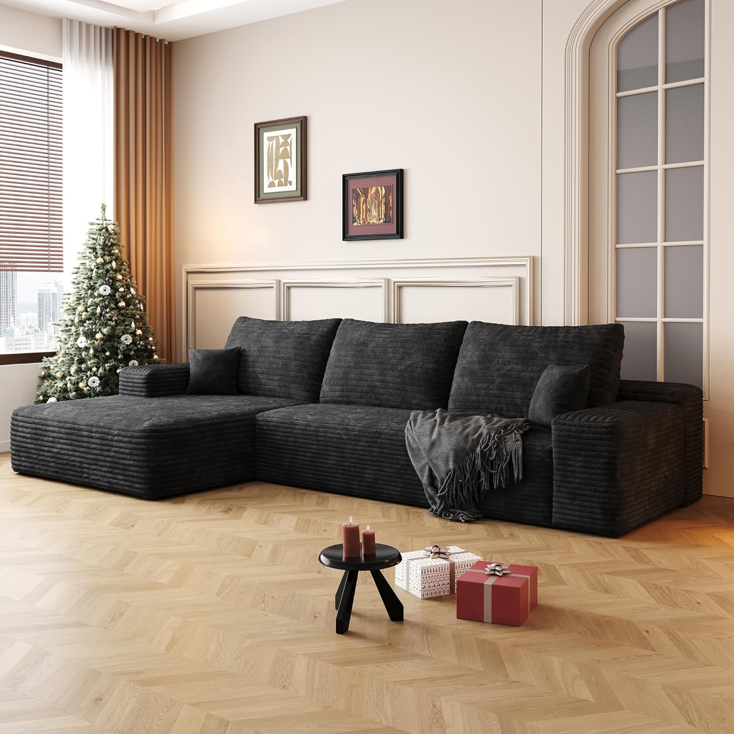 Ball & Cast 107' Cloud Sectional Couch with L-Shape Chaise,Plush Corduroy Boneless Modular Sofa with Deep Seat,Upholstered Couches for Living Room Bedroom,No Assembly Required,Black(Left Facing)