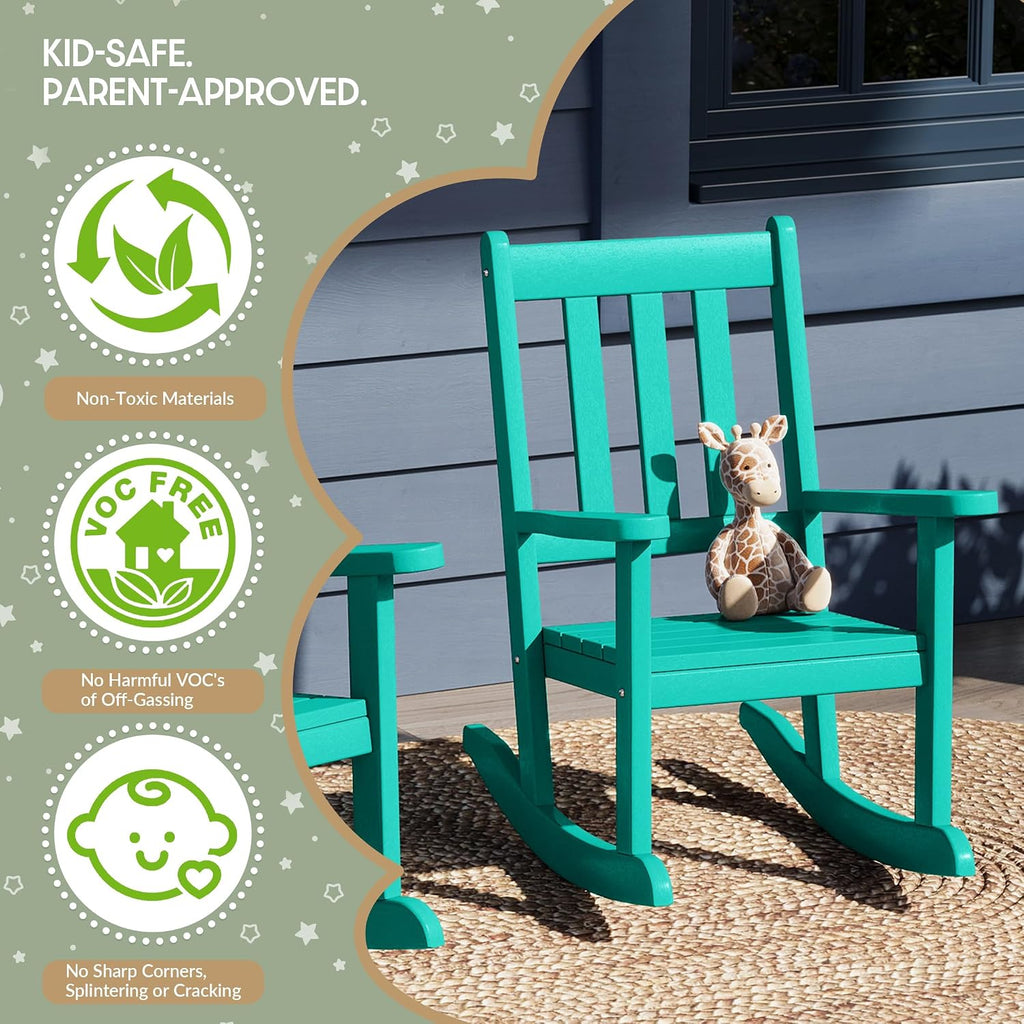 WestinTrends Malibu 3-Piece Kids Outdoor Rocking Chairs Set with Kids Square Side Table, Turquoise
