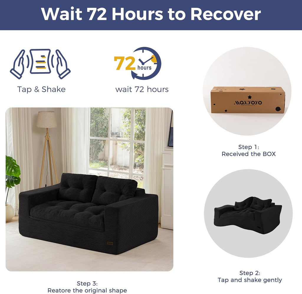 MAXYOYO Boneless Sofa Couch for Adults, Upholstered Floor Sofa with Armrests, Loveseat Couch with Cushion & Pillows, Sofa in A Box, Large Bean Bag Couch for Bedroom Living Room
