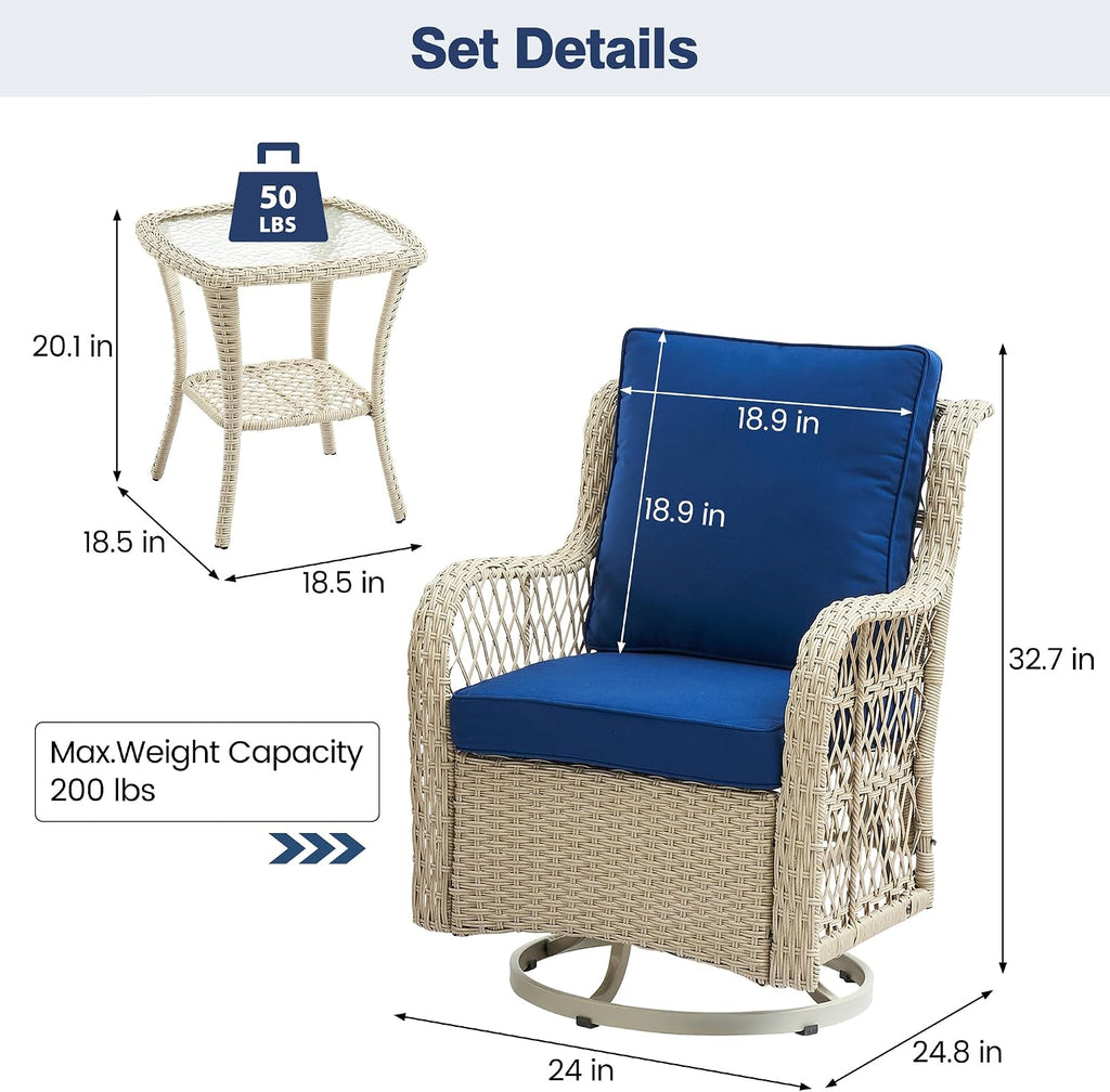IDEALHOUSE 3 Piece Patio Furniture Sets Wicker Swivel Patio Chairs, Swivel Rocking Chairs Set of 2 with Rattan Side Table, 360-Degree Swivel Rocking Chair for Patio Porch Pool (Light Beige), Onesize