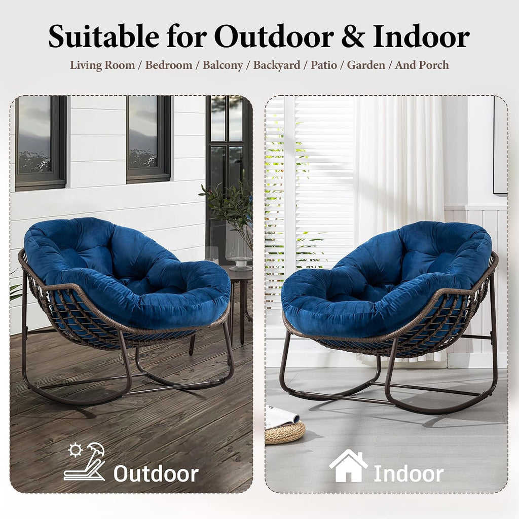 Large Indoor Outdoor Rocking Chair, Oversized Rocking Papasan Chair with Thick Cushion and Frame Outdoor Rocker, Comfy Wicker Egg Chairs Lounge for Outside Porch Patio Backyard (Blue, Set of 2)