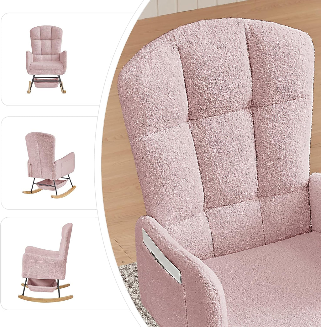 Teddy Upholstered Rocking Chair,Indoor Glider Chair with High Backrest and Side Pockets, Accent Arm Chair with Storage Bag for Living Room. (Pink)