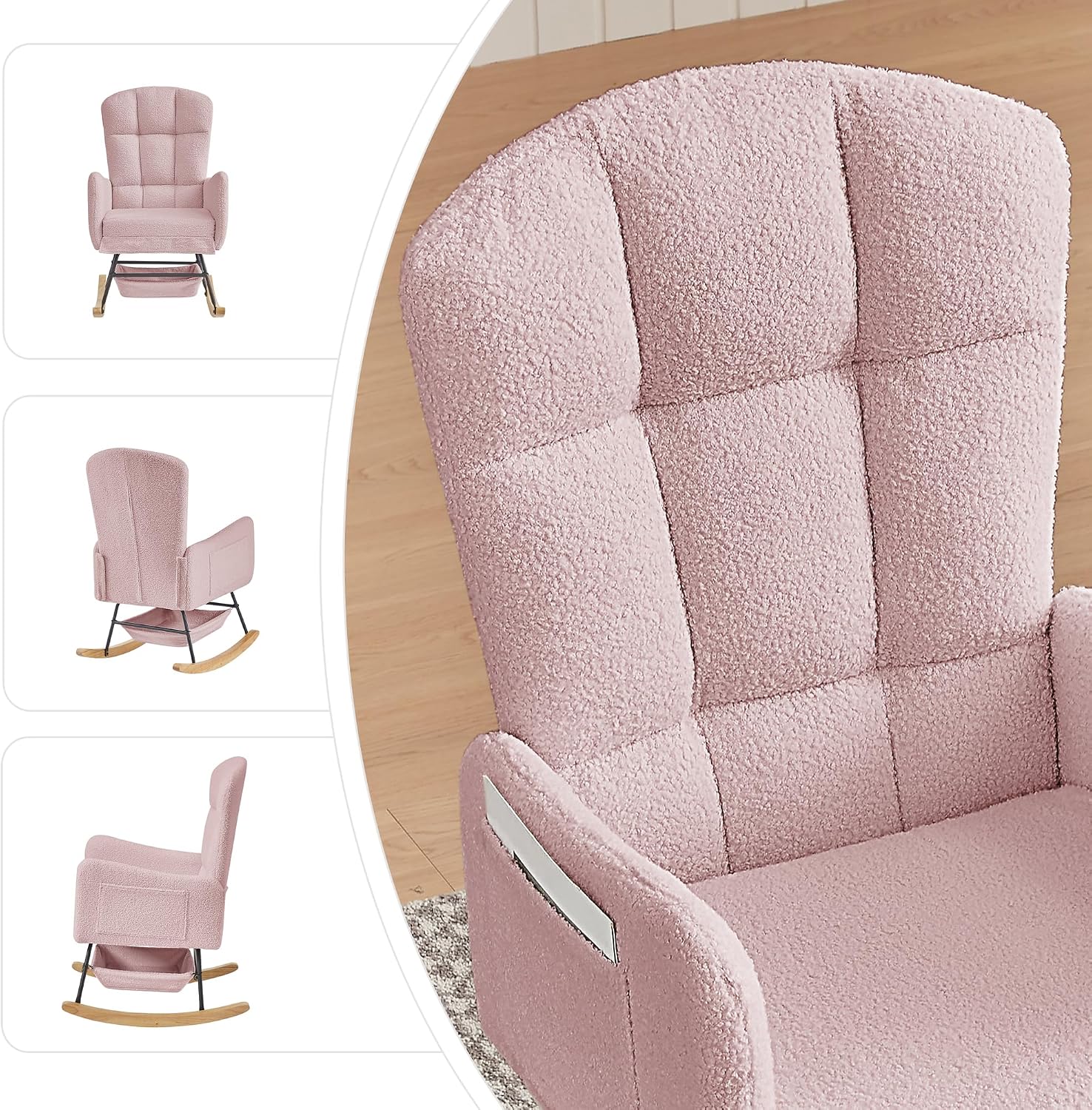 Teddy Upholstered Rocking Chair,Indoor Glider Chair with High Backrest and Side Pockets, Accent Arm Chair with Storage Bag for Living Room. (Pink)
