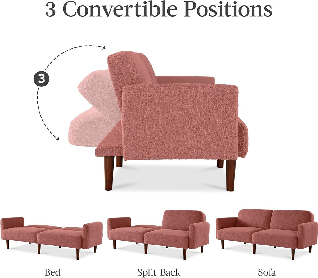 Best Choice Products 77' Mid Century Modern Boucle Loveseat Sofa, Couch, Convertible Sofa Sleeper Bed w/Real Wood, Removable Armrest - Mauve
