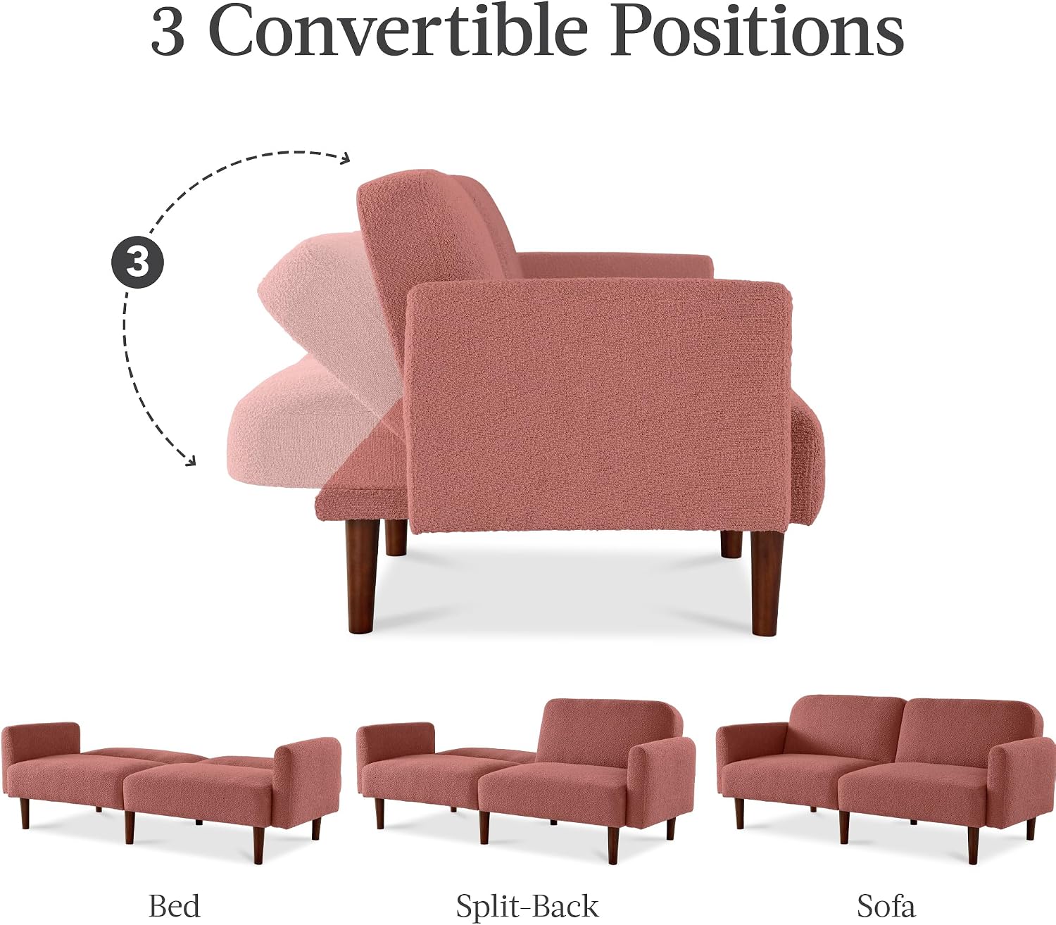 Best Choice Products 77' Mid Century Modern Boucle Loveseat Sofa, Couch, Convertible Sofa Sleeper Bed w/Real Wood, Removable Armrest - Mauve