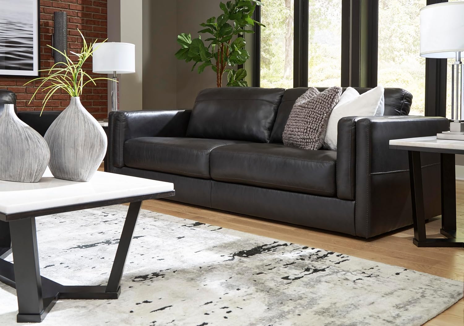 Signature Design by Ashley Amiata Modern Leather Match Sofa with Non-skid Legs, Black