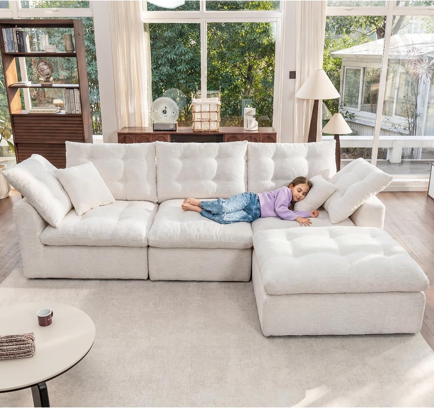 110' Cloud Sectional Couches L-Shaped Modular Boneless Chenille Sofa Couches with Deep Seat Ottoman and Side Pockets, Module Combination for Living Room 3 Seater