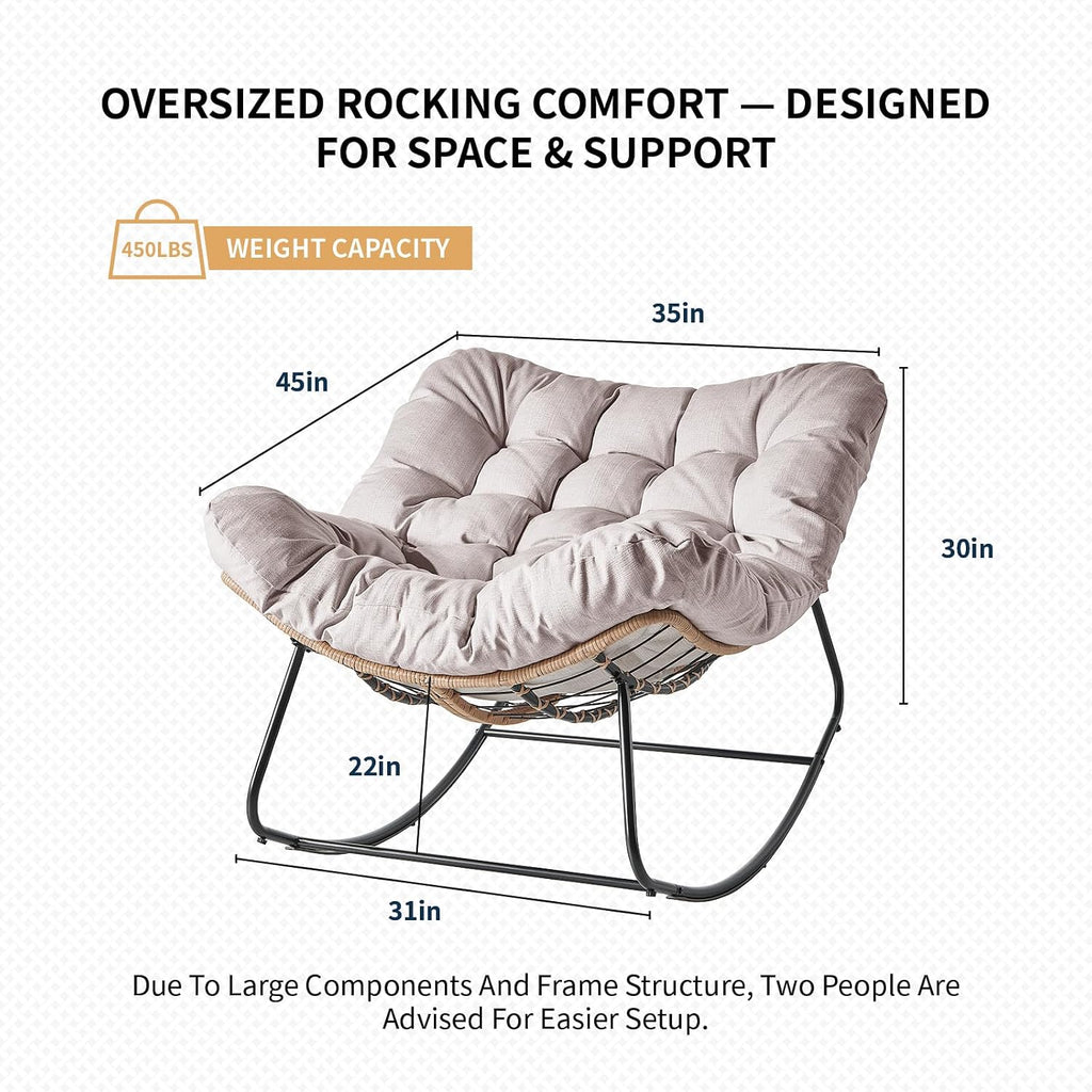 Outdoor Rocking Chair, Oversized Patio Papasan Wicker Chair with Cushion Indoor Egg Chair for Bedroom, Living Room, Porch, Garden, Lawn (Beige)