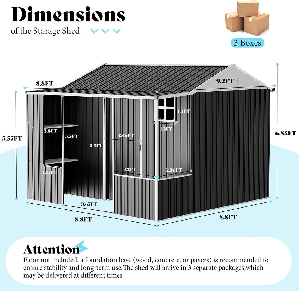 VanAcc 9x9x7 FT Metal Storage Shed, Dual-Zone Tool Shed with Work Area, Reinforced Frame, Gable Roof, Ventilated Design, Dark Grey