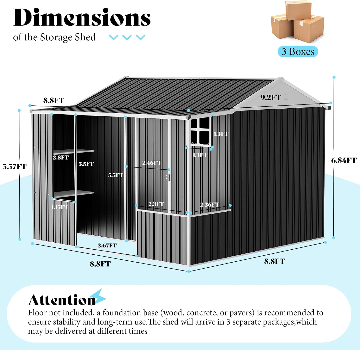 VanAcc 9x9x7 FT Metal Storage Shed, Dual-Zone Tool Shed with Work Area, Reinforced Frame, Gable Roof, Ventilated Design, Dark Grey