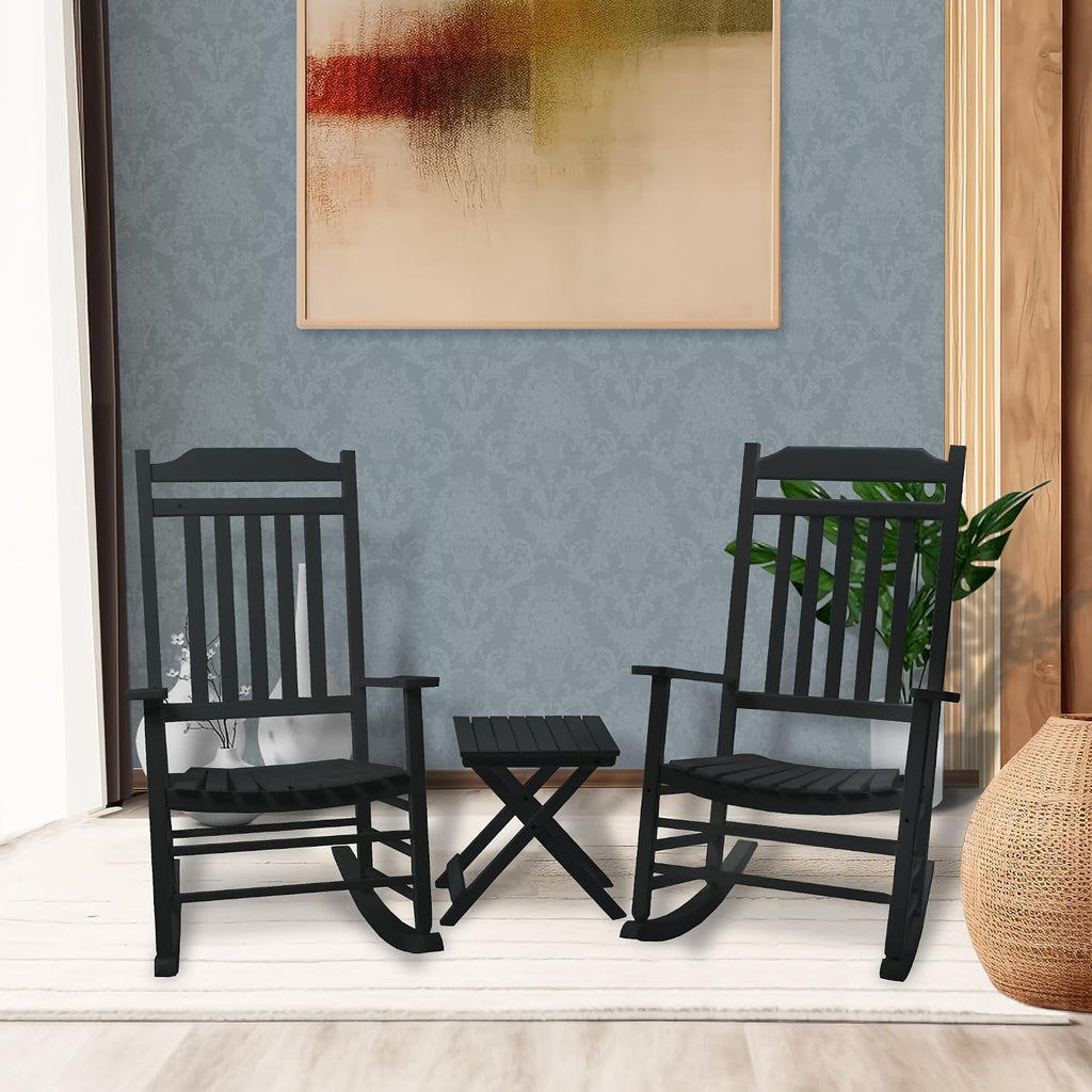 Kozyard 3-Piece Wooden Outdoor Rocking Chair Set with Foldable Side Table, Black Patio Rockers and End Table Furniture Set for Deck, Garden, Porch, Poolside (Black/2Chairs+Table)