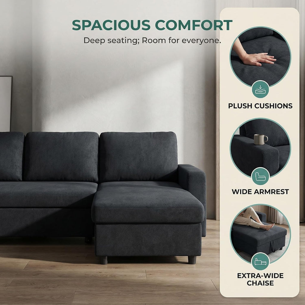 Queen Sleeper Sofa, 83 Inch Convertible Sofa Bed with Storage, Modular Sectional Couch with Pull Out Bed, L Shaped 3 Seat Sectional Sleeper Sofa for Living Room, Apartment, Black