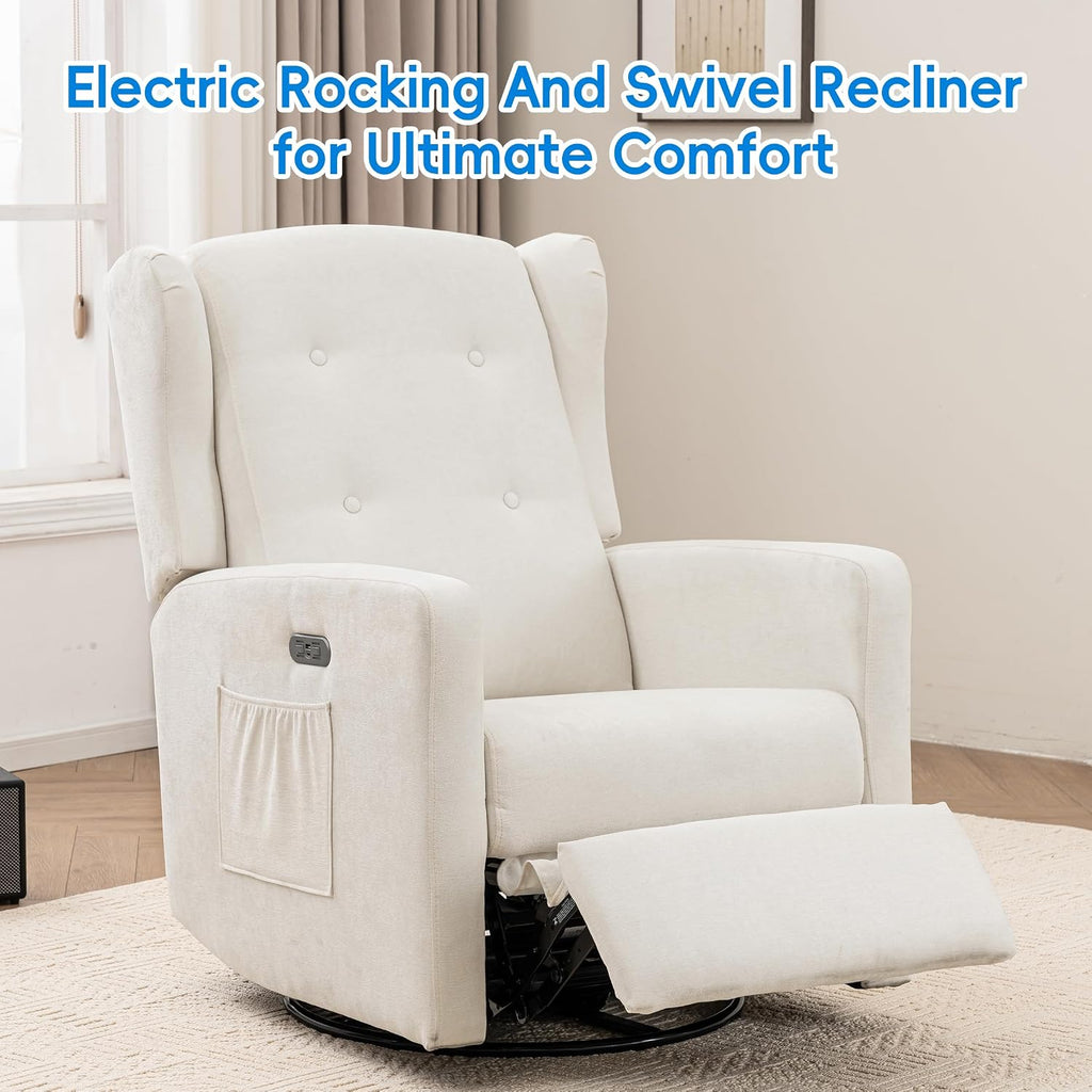 Swivel Rocker Power Recliner Chair for Nursery, 270° Swivel Glider Recliner with USB & Type-C Charging, Electric Reclining Chair with Storage Pockets, Upholstered Recliner for Living Room(Cream)