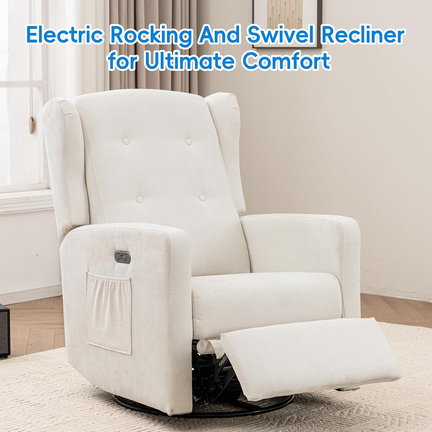 Swivel Rocker Power Recliner Chair for Nursery, 270° Swivel Glider Recliner with USB & Type-C Charging, Electric Reclining Chair with Storage Pockets, Upholstered Recliner for Living Room(Cream)