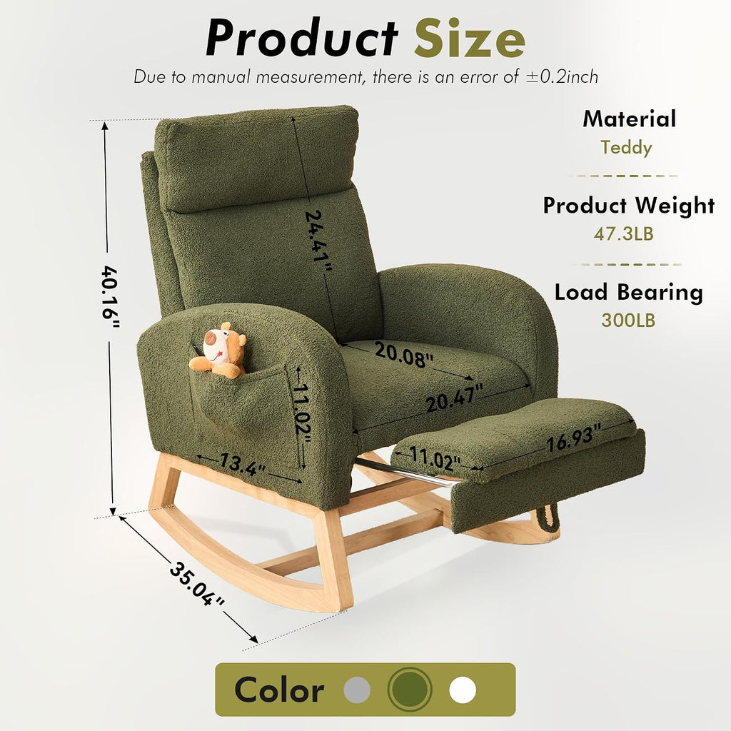 FOXHUNTER Rocking Chair for Nursery with High Backrest & Foot Rest-Nursery Rocking Chairs with Side Storage Pocket for Breastfeeding,Modern Glider Chair for Baby Bedroom,Living Room,Teddy Green