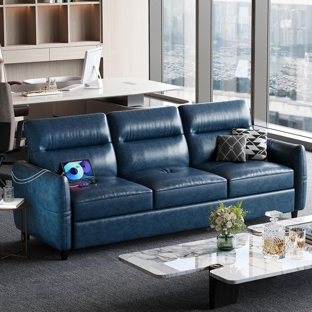 STHOUYN 85' Faux Leather Couch with USB, 3 Seater Couch for Living Room, Large Mid Century Modern Office Sofa for Apartment, Bedroom, Blue